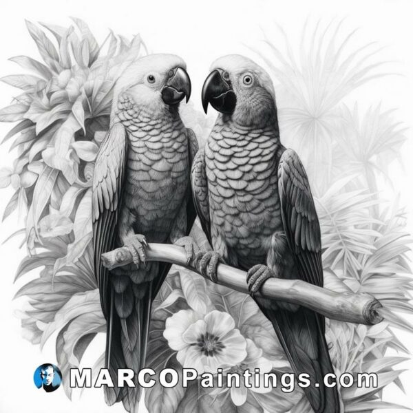 A drawing of parrots sitting in a tree with flowers