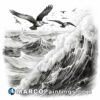 A drawing of sea birds flying over a violent wave