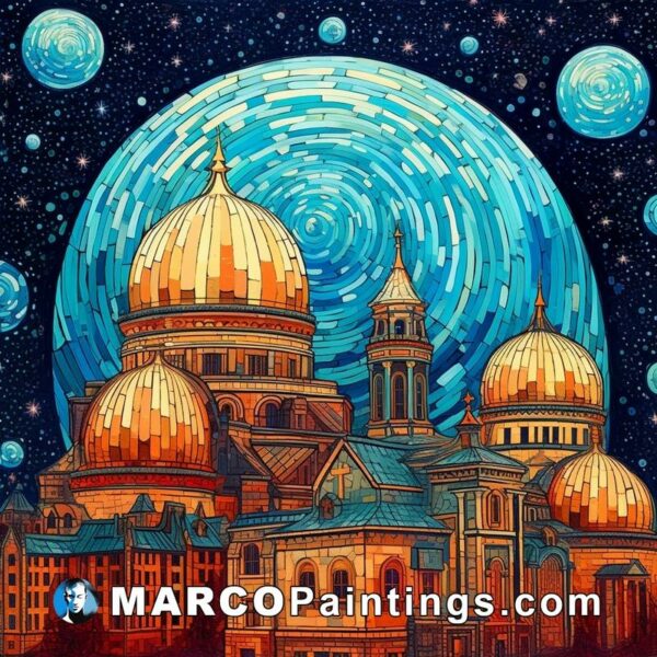 A drawing of several domes and stars in the background