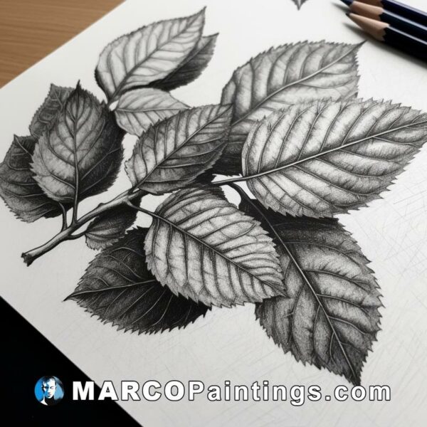 A drawing of some leaves next to some pencils