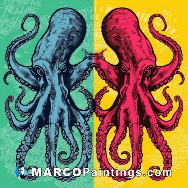 A drawing of two octopus on colorful backgrounds