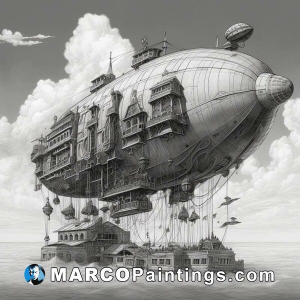 A drawing shows a large airship floating in the water