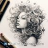 A drawing with beautiful curly hair and several pieces of jewelry