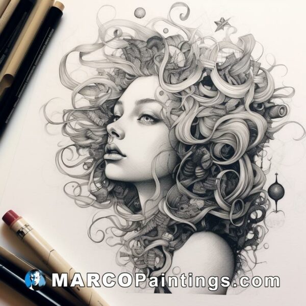 A drawing with beautiful curly hair and several pieces of jewelry