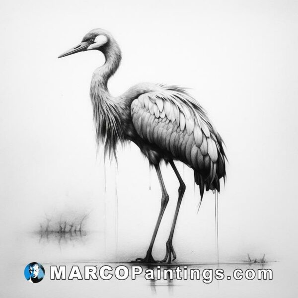 A drawn illustration of a gray crane stands in a puddle