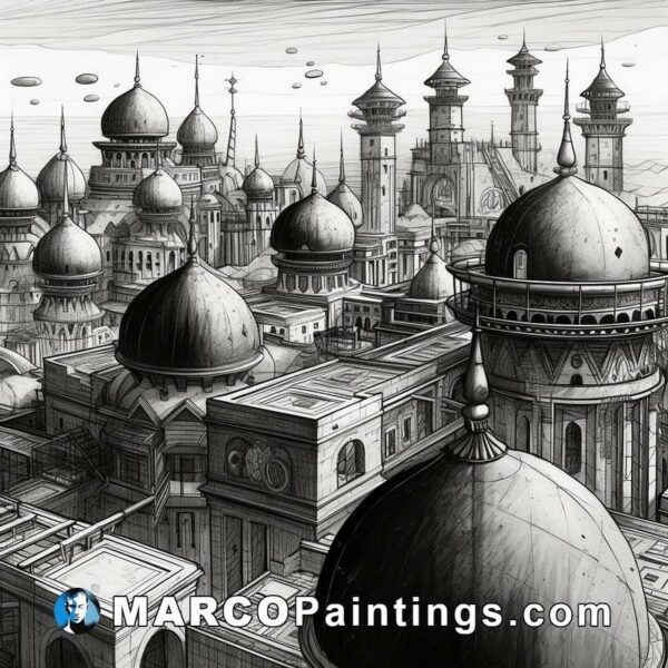 A fantasy drawing featuring an ancient city with many domes