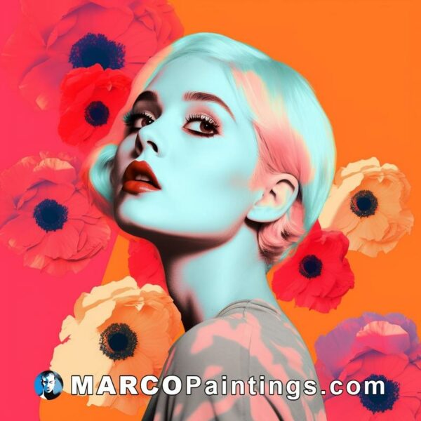 A female pop art illustration with colorful flowers in the background