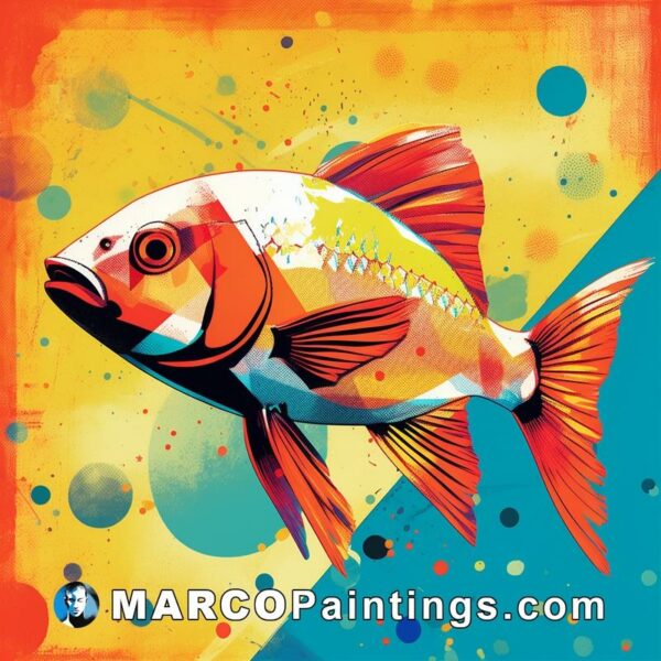 A fish swimming in a colorful background with colorful paint on it