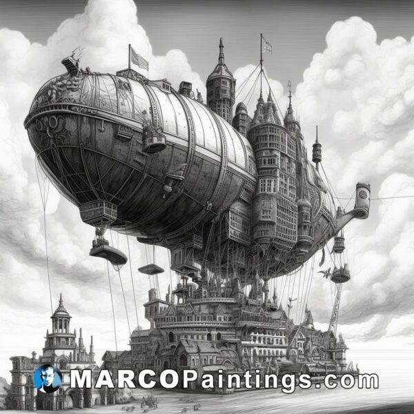 A flying airship floating above a village