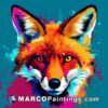 A fox's head sitting in a colorful splash of paint on a blue background
