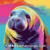 A funny manatee with big eyes and colourful paint