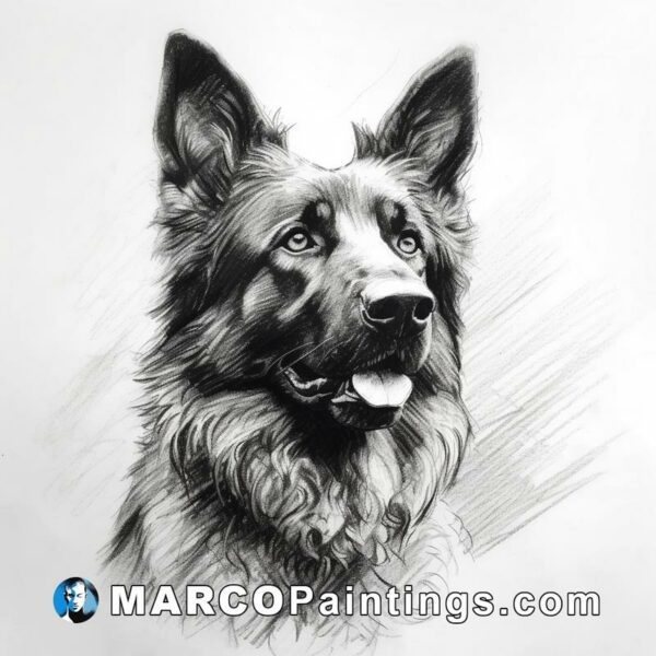 A german shepherd dog is drawn in pencil on paper