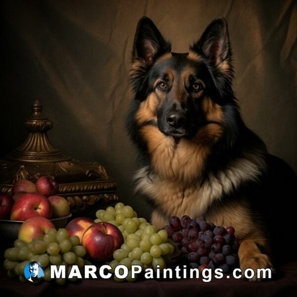 A german shepherd dog with grapes by photographer paul hammer