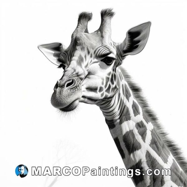 A giraffe faces a black and white drawing