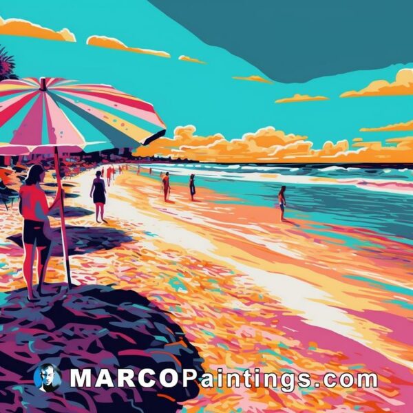A girl and woman are in the sand on a beach in colorful beach umbrellas