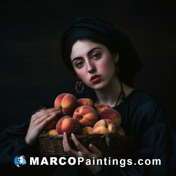 A girl holding a basket of peaches with a black background