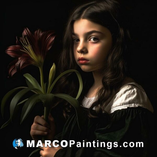 A girl holding a flower isolated against a black background