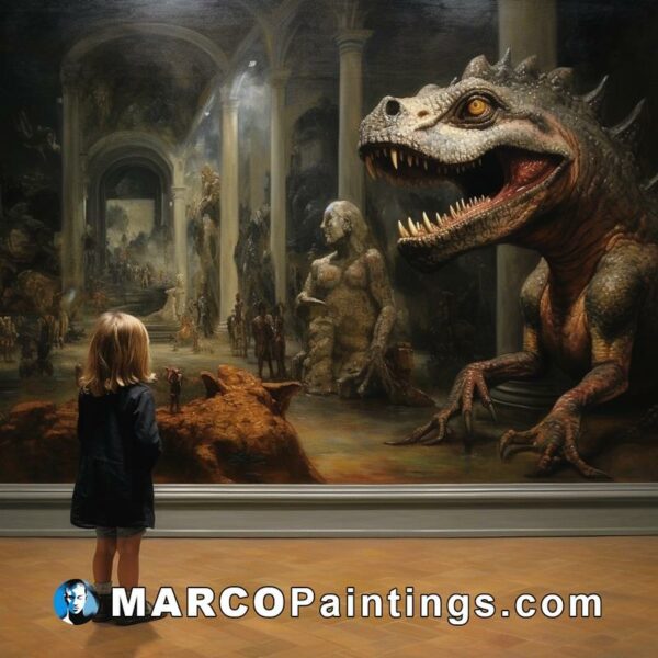 A girl in front of a dark painting of a dinosaur