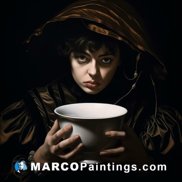 A girl is holding a bowl while looking through dark