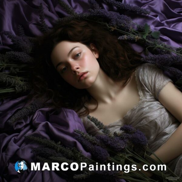 A girl lying on a purple sheet on a floor full of lavender