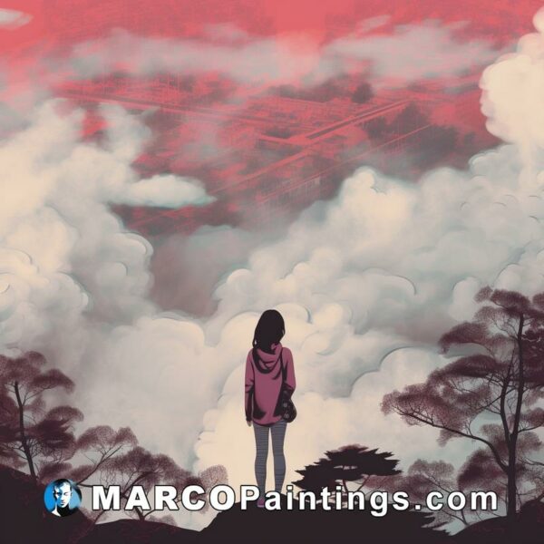 A girl standing on a hill in the forest observing the clouds