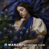 A girl who is sleeping with blue flowers laying next to her
