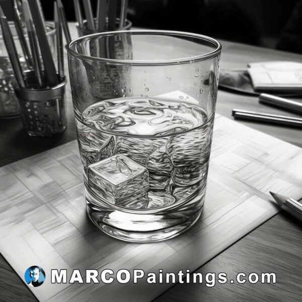 A glass of water with an ice cube sitting on a drawing surface