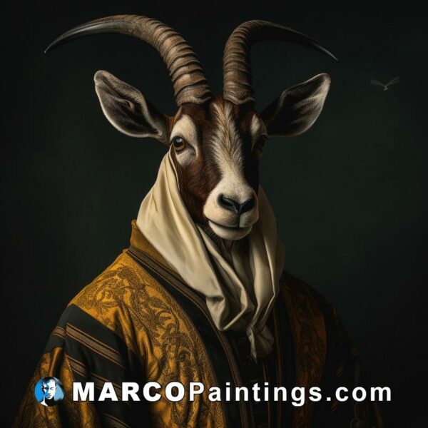 A goat with horns in a dress with a dark background