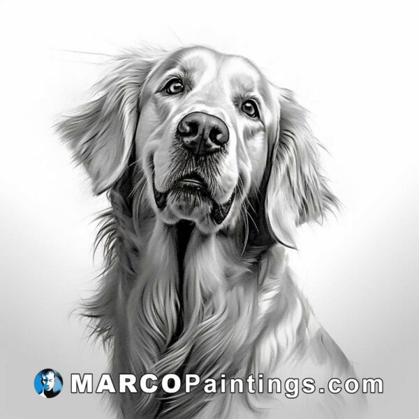 A golden retriever is drawn by an artist in black and white