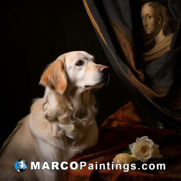 A golden retriever is in front of a painting