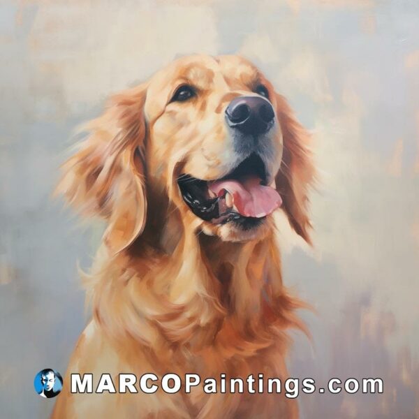 A golden retriever painting sitting in front of a gray wall