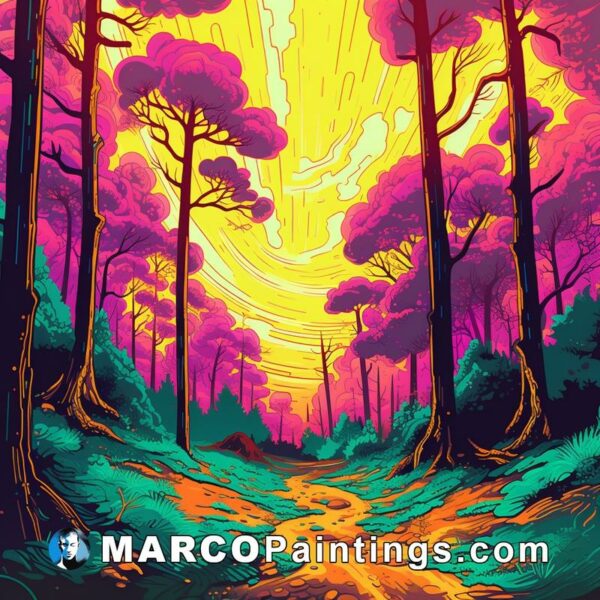 A graphic of a forest with bright colors
