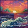 A graphic painting of sunset with the ocean waves