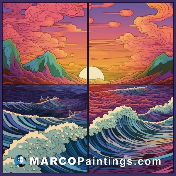 A graphic painting of sunset with the ocean waves