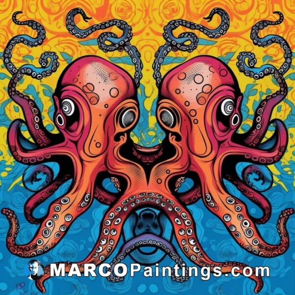 A graphic print of two octopus over a colorful background