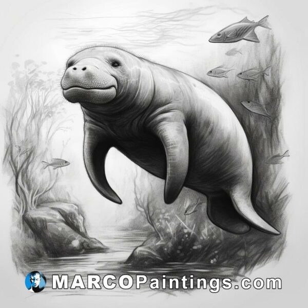 A gray drawing of a manatee in a river
