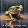 A green and yellow frog sitting on top of a rock in rainstorm