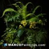 A green composition with varying ferns and flowers