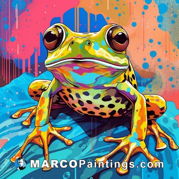 A green frog painted on a colorful background