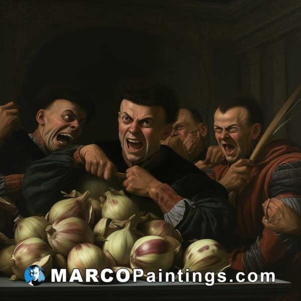 A group of men attacking onions