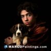 A guy in front of a dark background with a puppy