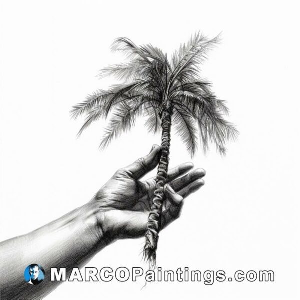 A hand holding a palm tree in black and white