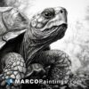 A head of a large tortoise drawn in charcoal