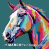 A horse with several very colorful colors is painted on a green background