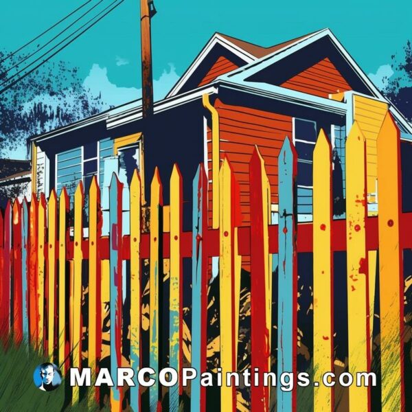 A house next to colorful fence with a blue sky