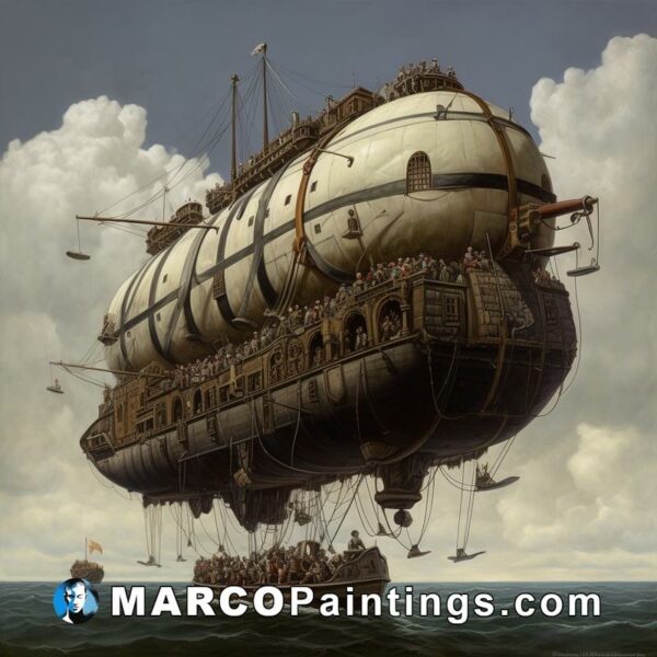 A huge airship in the sky above water with lots of people on it