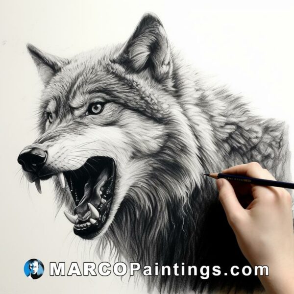 A human drawing a wolf with an open mouth