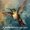 A hummingbird in flight in an oil painting