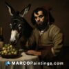 A image of a donkey and man eating some fruit