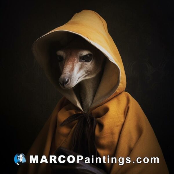 A kangaroo in a yellow robe with a hood